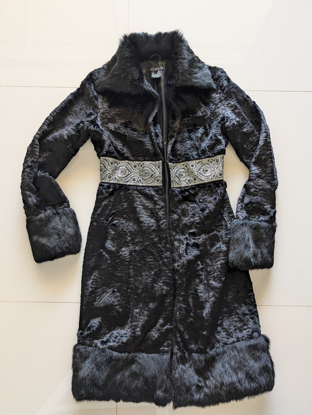 Heart Moon Star Women XS Black Faux Fur Trim Long Coat with Embellished Waist